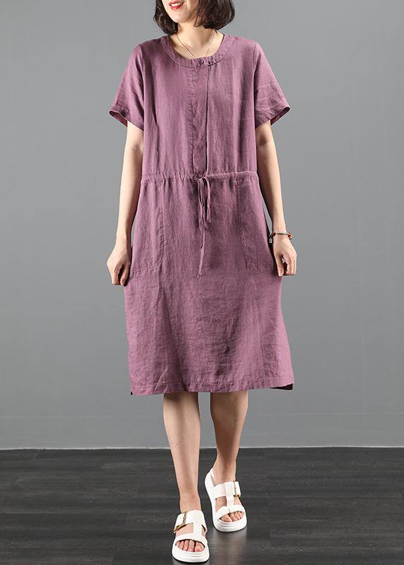 Loose Purple Tunics O Neck Drawstring Loose Dress