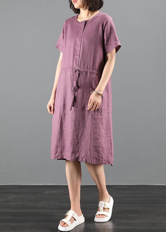 Loose Purple Tunics O Neck Drawstring Loose Dress