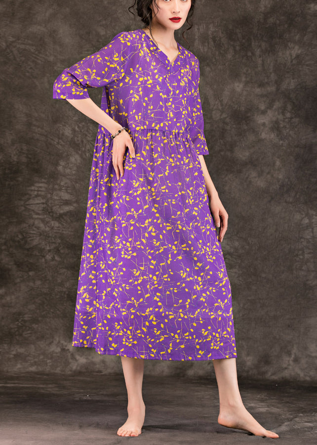 Loose Purple Print Linen Robes Stylish Tops V Neck Patchwork Loose Summer Dress