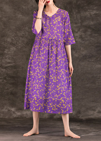 Loose Purple Print Linen Robes Stylish Tops V Neck Patchwork Loose Summer Dress