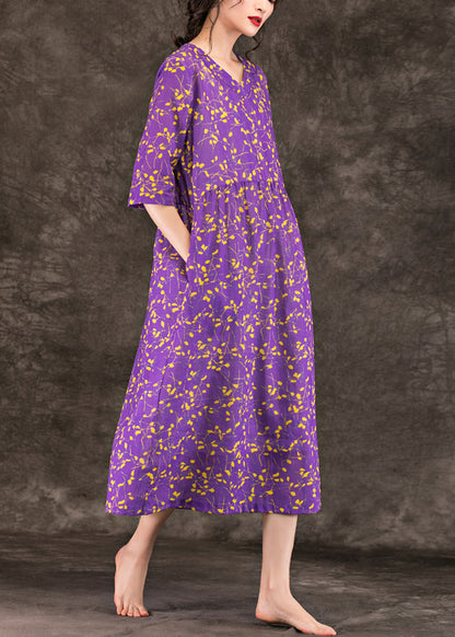 Loose Purple Print Linen Robes Stylish Tops V Neck Patchwork Loose Summer Dress