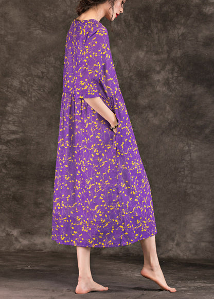 Loose Purple Print Linen Robes Stylish Tops V Neck Patchwork Loose Summer Dress