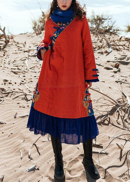 Loose Red Chinese Button Cotton Quilting Clothes Patchwork Knee Embroidery Dresses