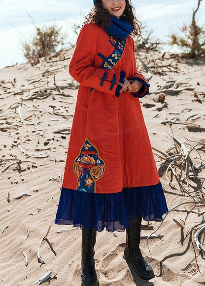 Loose Red Chinese Button Cotton Quilting Clothes Patchwork Knee Embroidery Dresses
