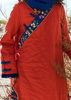 Loose Red Chinese Button Cotton Quilting Clothes Patchwork Knee Embroidery Dresses