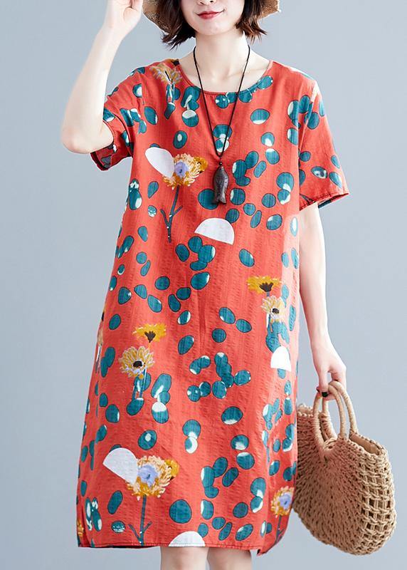 Loose Red Chiffon Clothes O Neck Midi Summer Print Dresses