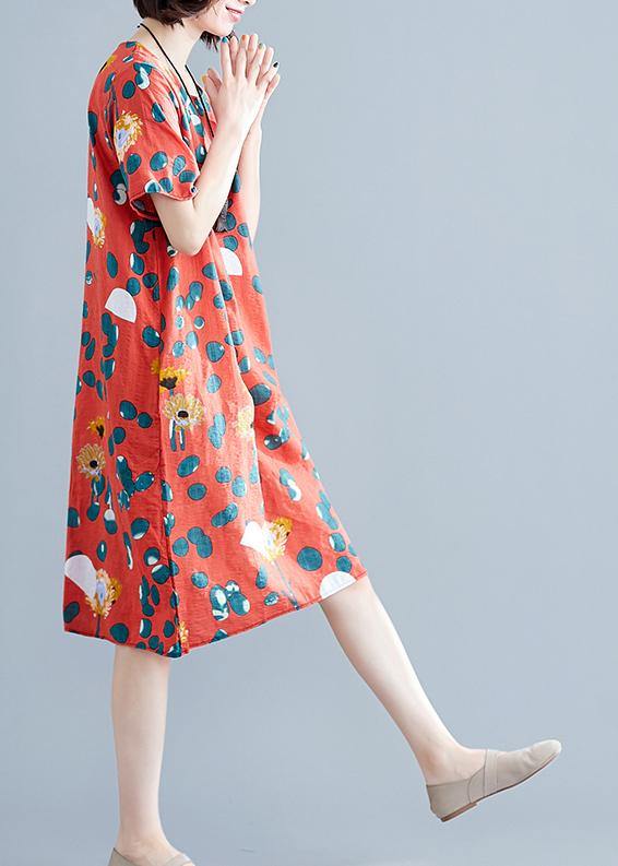 Loose Red Chiffon Clothes O Neck Midi Summer Print Dresses
