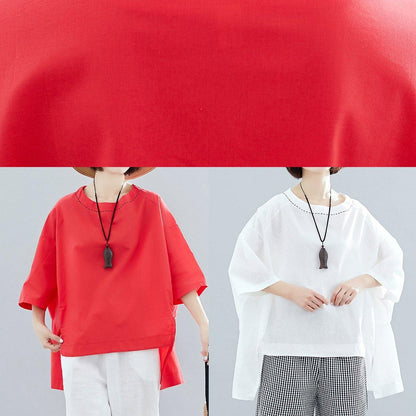 Loose Red Cotton Tunic Low High Design Art Summer Shirts