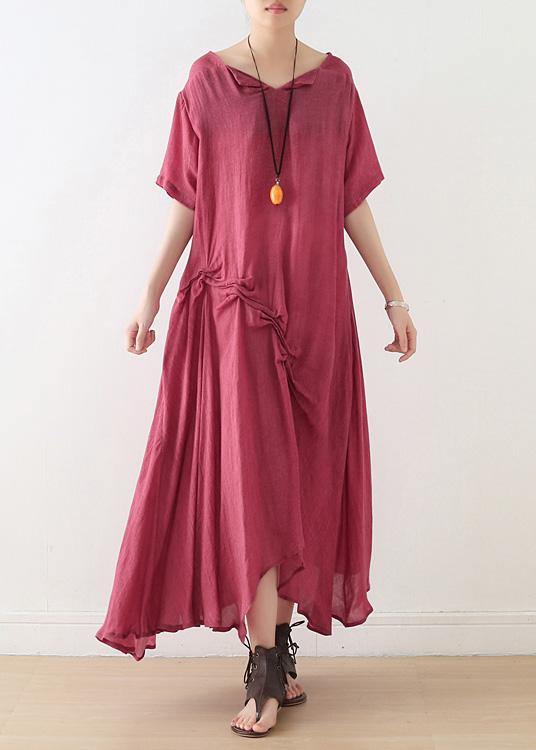Loose Red Cotton Tunic Pattern Cinched Asymmetric Dresses