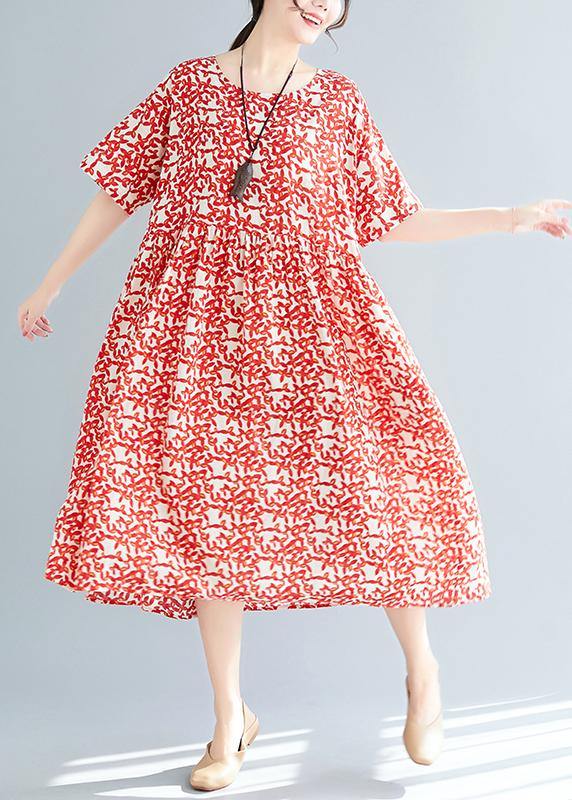 Loose Red Linen Cotton Robes Stylish Fabrics Short Sleeve Maxi Summer Dresses