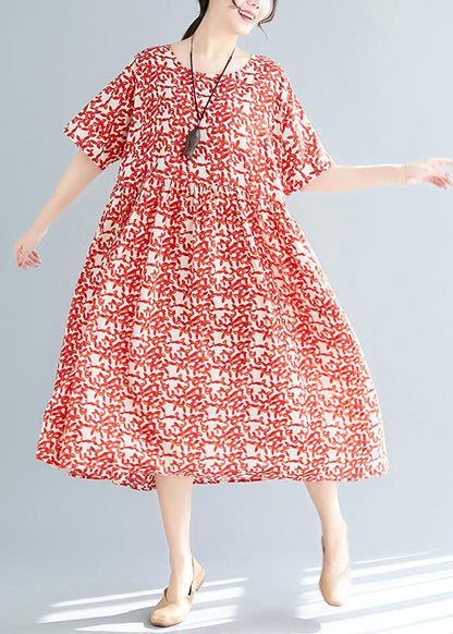 Loose Red Linen Cotton Robes Stylish Fabrics Short Sleeve Maxi Summer Dresses