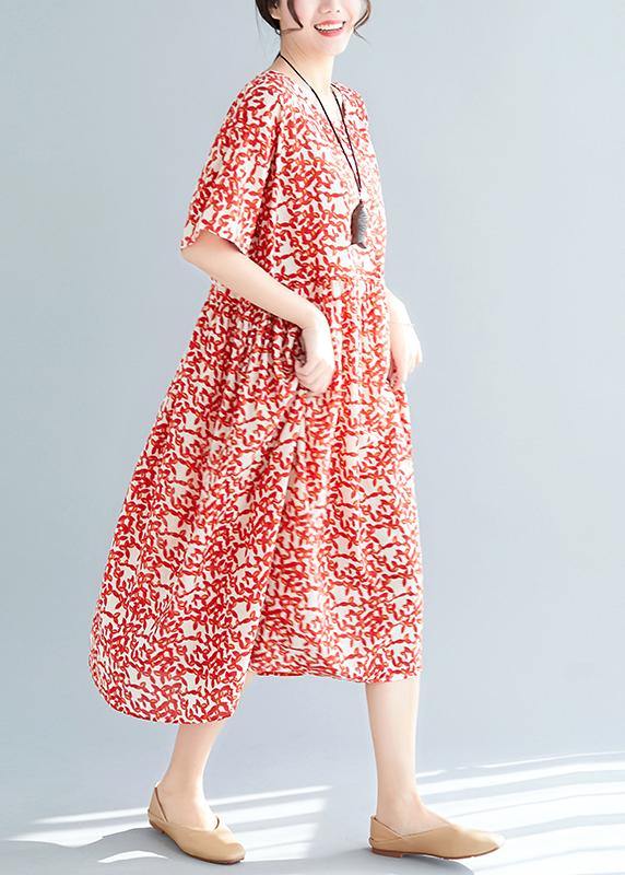 Loose Red Linen Cotton Robes Stylish Fabrics Short Sleeve Maxi Summer Dresses