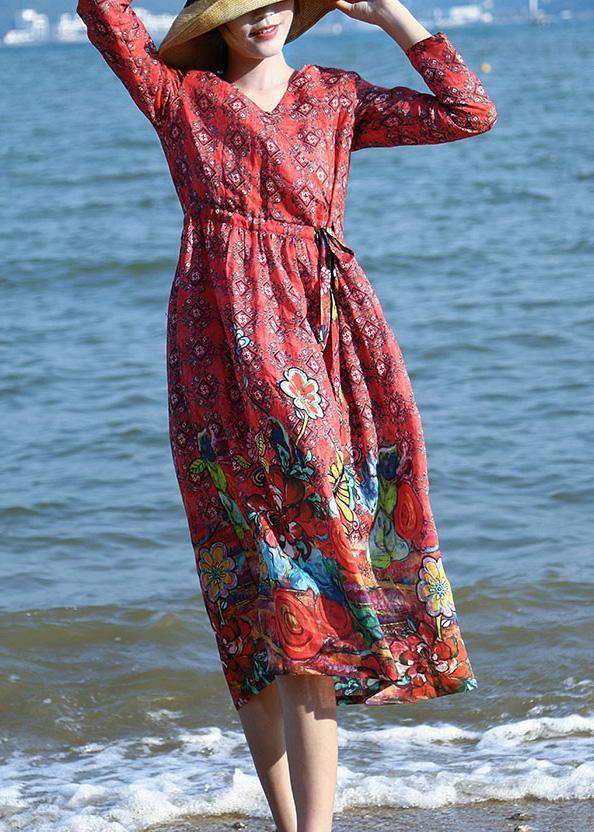 Loose Red Linen Outfit Drawstring Long V Neck Dresses