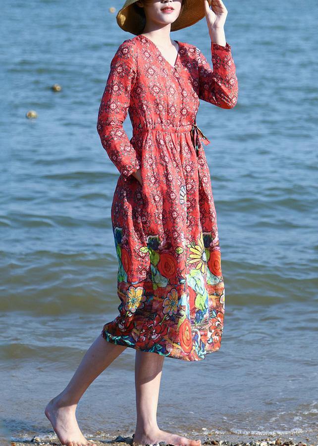 Loose Red Linen Outfit Drawstring Long V Neck Dresses