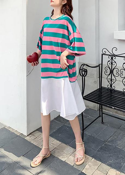 Loose Red Green Striped Dresses O Neck Ruffles Cotton Summer Dress