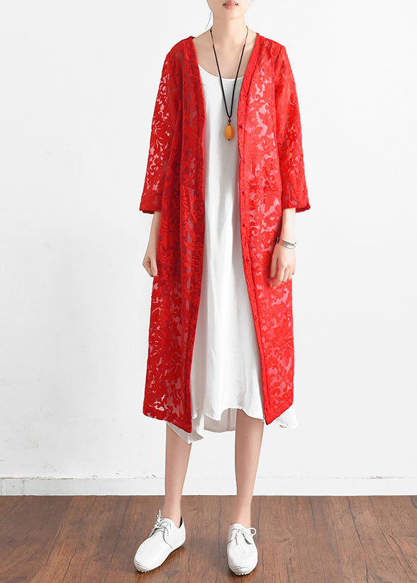 Loose Red Lace Outwear Tunic Tops V Neck Shift Summer Hollow Out Cardigan