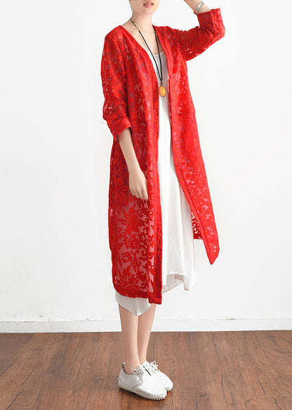 Loose Red Lace Outwear Tunic Tops V Neck Shift Summer Hollow Out Cardigan