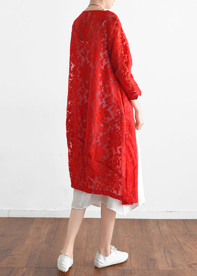 Loose Red Lace Outwear Tunic Tops V Neck Shift Summer Hollow Out Cardigan