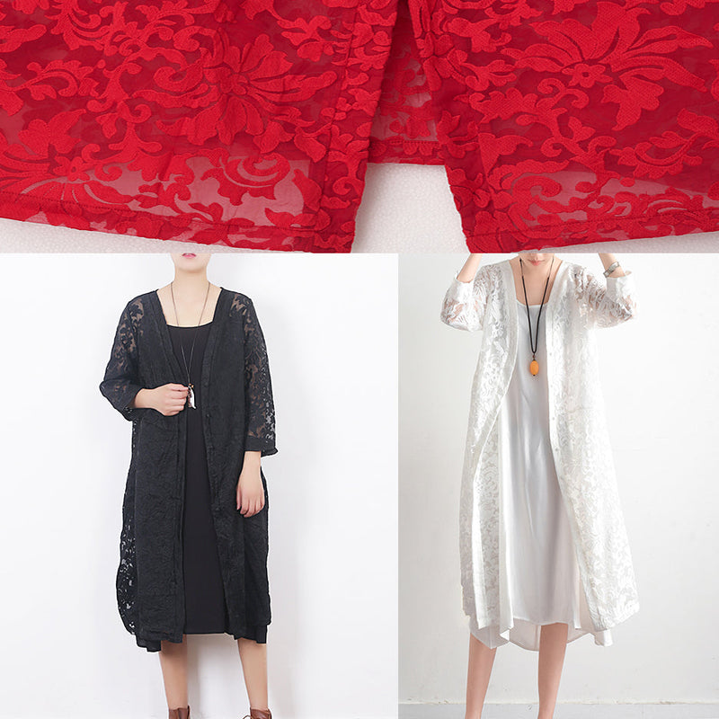Loose Red Lace Outwear Tunic Tops V Neck Shift Summer Hollow Out Cardigan