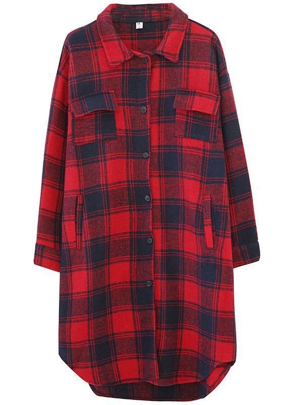 Loose Red Plaid Cotton Top Silhouette Lapel Pockets Dresses Blouses