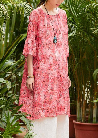 Loose Red Print Linen Clothes for O Neck Half Sleeve Patchwork Loose Summer Dresses