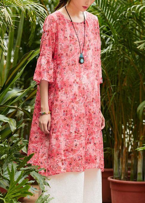 Loose Red Print Linen Clothes for O Neck Half Sleeve Patchwork Loose Summer Dresses