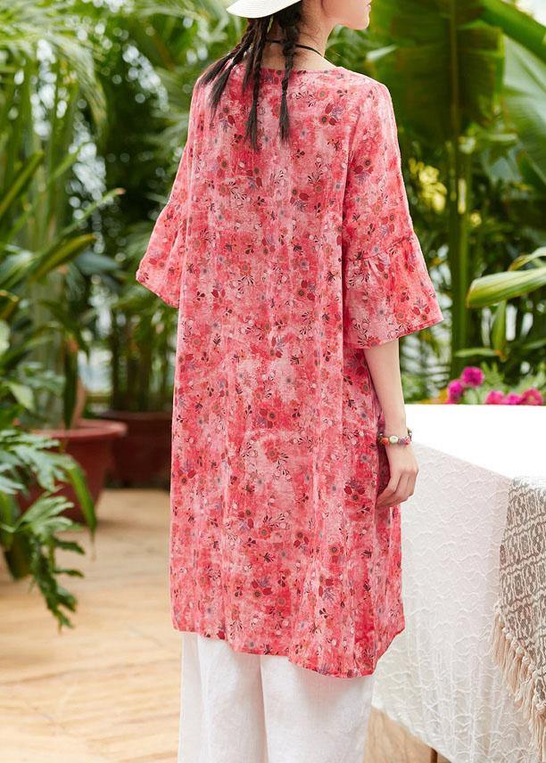 Loose Red Print Linen Clothes for O Neck Half Sleeve Patchwork Loose Summer Dresses
