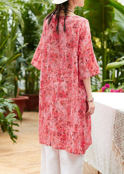 Loose Red Print Linen Clothes for O Neck Half Sleeve Patchwork Loose Summer Dresses