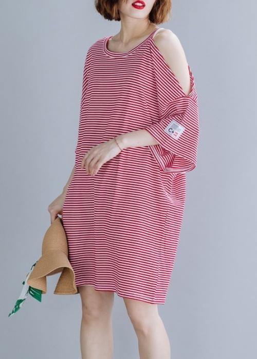 Loose Red Striped Cotton Tunic Top O Neck Side Open Shift Dresses