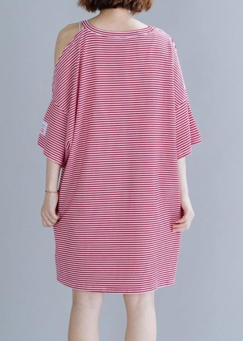 Loose Red Striped Cotton Tunic Top O Neck Side Open Shift Dresses