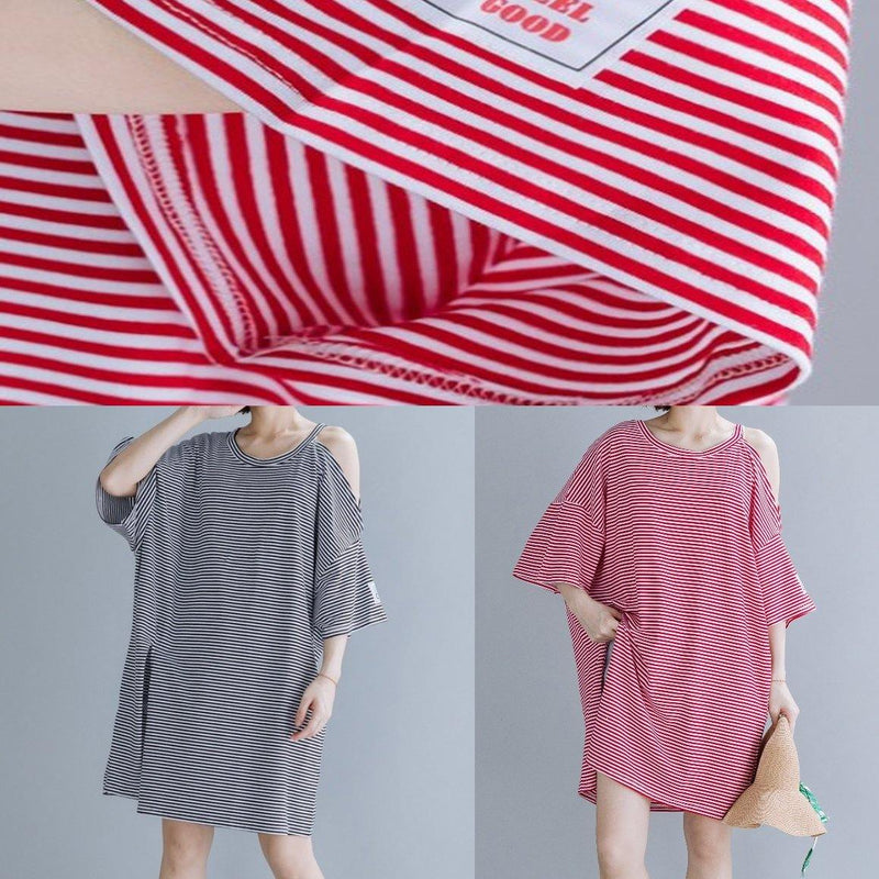 Loose Red Striped Cotton Tunic Top O Neck Side Open Shift Dresses