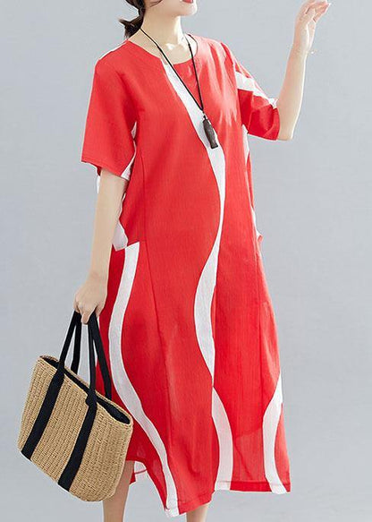 Loose Red Striped Cotton Tunics O Neck Asymmetric Traveling Summer Dress