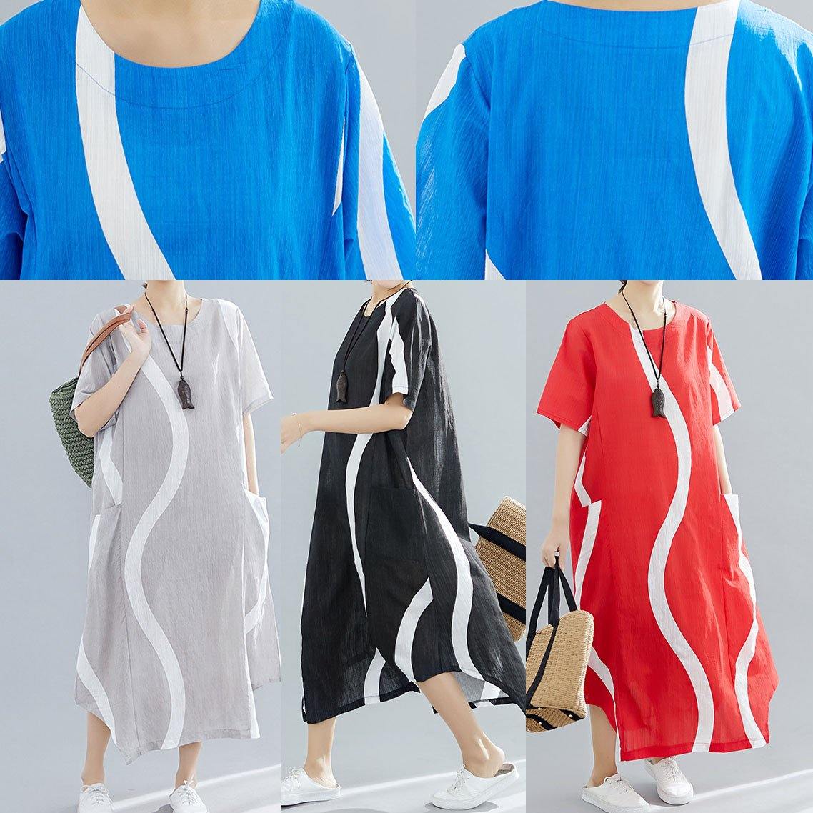 Loose Red Striped Cotton Tunics O Neck Asymmetric Traveling Summer Dress