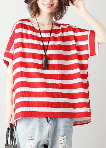 Loose Red Striped Cotton Clothes for O Neck Batwing Sleeve Silhouette Blouses