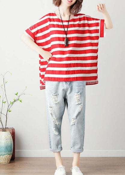 Loose Red Striped Cotton Clothes for O Neck Batwing Sleeve Silhouette Blouses