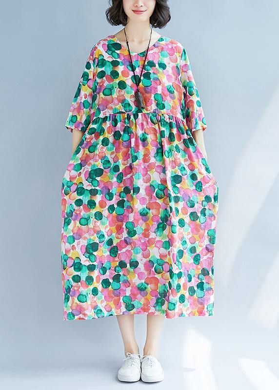Loose Rose Dotted Prints Cotton Linen Wardrobes Short Sleeve Kaftan Summer Dress
