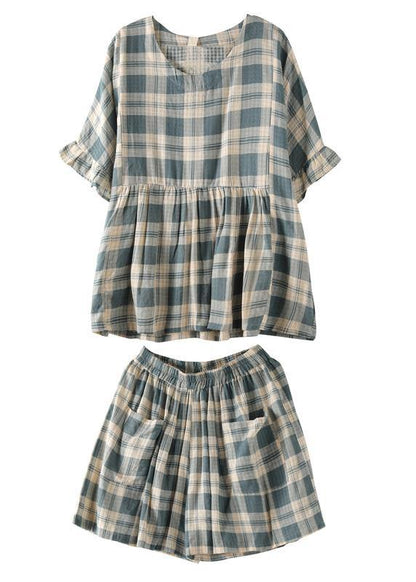Loose Round Neck Stitching Top Elasticated Shorts Blue Plaid Two-piece Suit