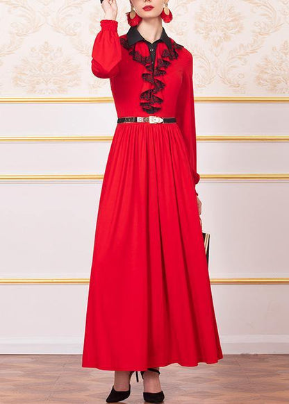 Loose Ruffles Cotton Polo Collar Dresses Wardrobes Red Robe Dress