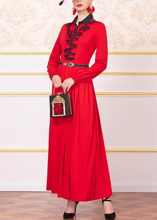 Loose Ruffles Cotton Polo Collar Dresses Wardrobes Red Robe Dress