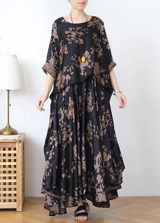 Loose Silk Satin Wind Dress Black Chocolate Color Printing Two-piece Goddess Big Swing Skirt