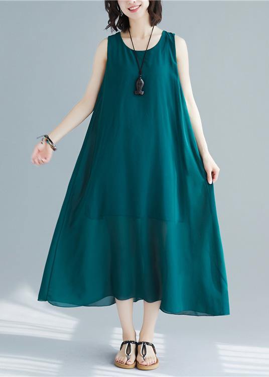 Loose Sleeveless Cotton Outfit Pattern Blackish Green Long Dress Summer