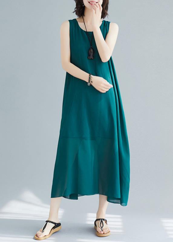 Loose Sleeveless Cotton Outfit Pattern Blackish Green Long Dress Summer