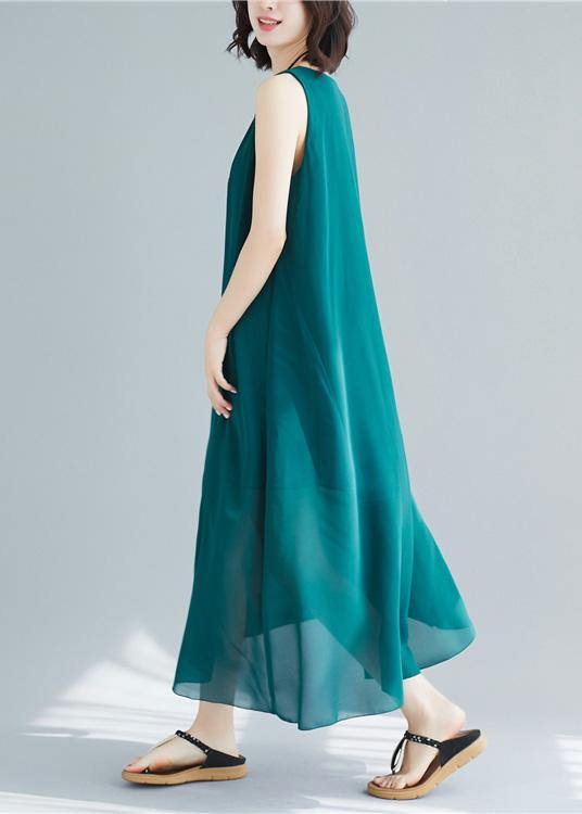 Loose Sleeveless Cotton Outfit Pattern Blackish Green Long Dress Summer