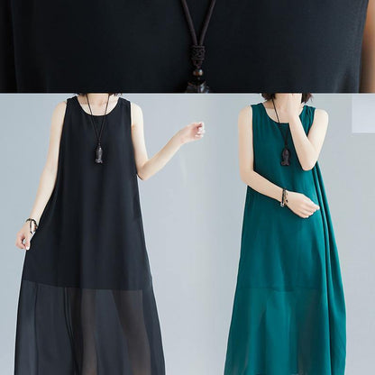 Loose Sleeveless Cotton Outfit Pattern Blackish Green Long Dress Summer