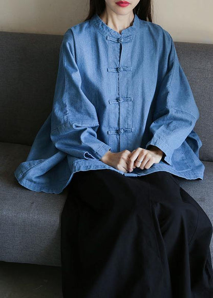 Loose stand collar Chinese Button clothes For Women Sleeve denim light blue-chrysanthemum shirts