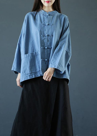 Loose stand collar Chinese Button clothes For Women Sleeve denim light blue-little flower shirts