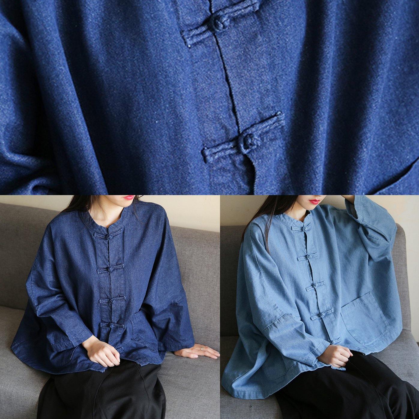 Loose stand collar Chinese Button clothes For Women Sleeve denim light blue-little flower shirts