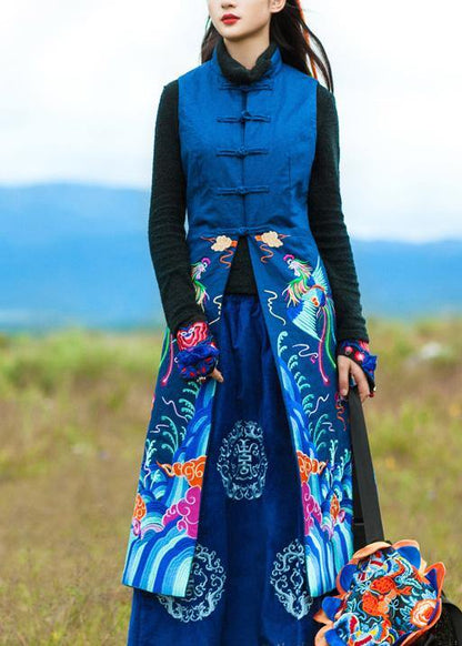 Loose Stand Collar Embroidery Long Coats Navy Oversized Coat