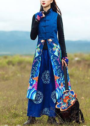 Loose Stand Collar Embroidery Long Coats Navy Oversized Coat