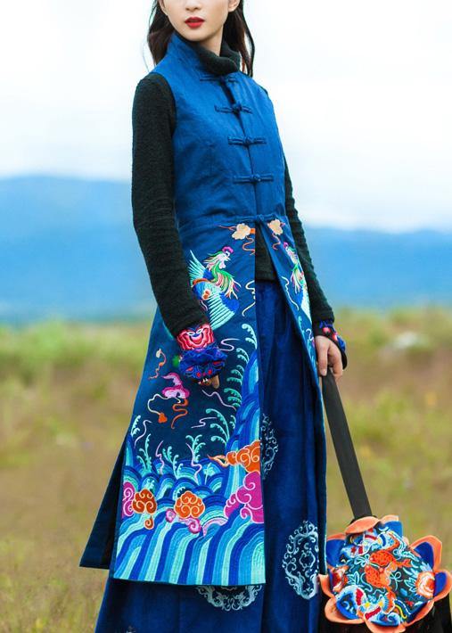 Loose Stand Collar Embroidery Long Coats Navy Oversized Coat